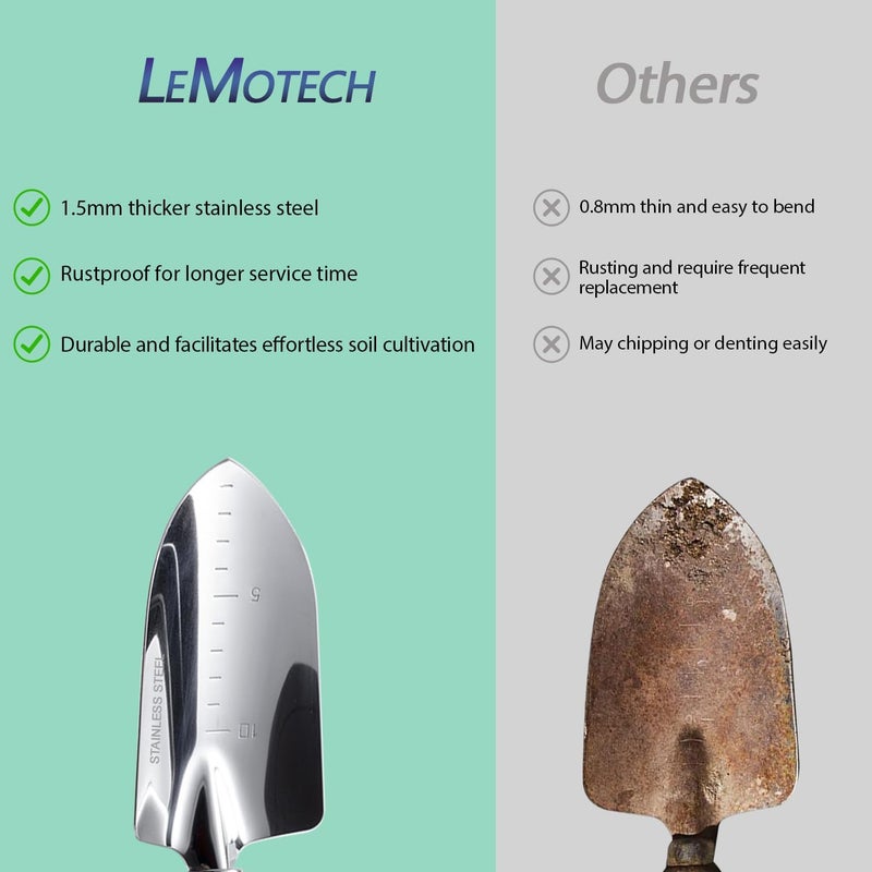 LeMotech Garden Tool Set, 3Pcs Stainless Steel Heavy Duty Gardening Kit Including Trowel Transplanter Cultivator Gardening Hand Tools with Handle, Planting Tool for Women Men - Image 5